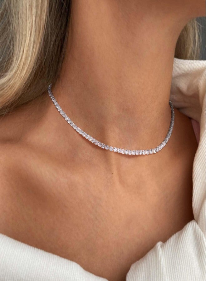 Robaice Tennis Necklace for Women, Silver Plated Rhinestone Choker Necklace for Women, Dainty Cubic Zirconia Cut Faux Diamond Chain 2mm - Image 2